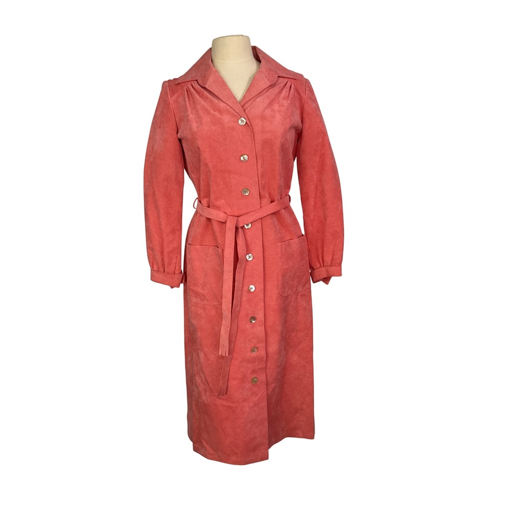 Vera Maxwell Original Ultra Suede Coral Button Front Belted Coat Dress 70s 80s M